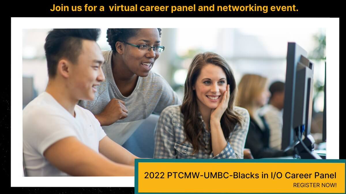 Students sitting around a computer smiling. Text says: Join us for a virtual career panel and networking event.