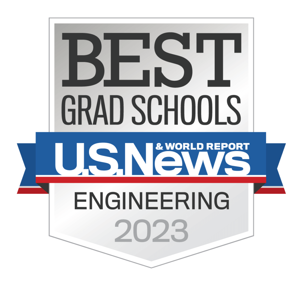 Silver badge declaring U.S. News and World Report Bed Grad Schools Engineering 2023.