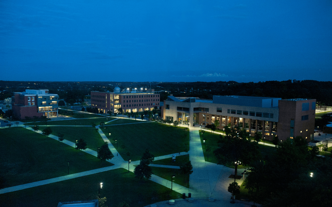 UMBC Campus at night where STEM research happens.