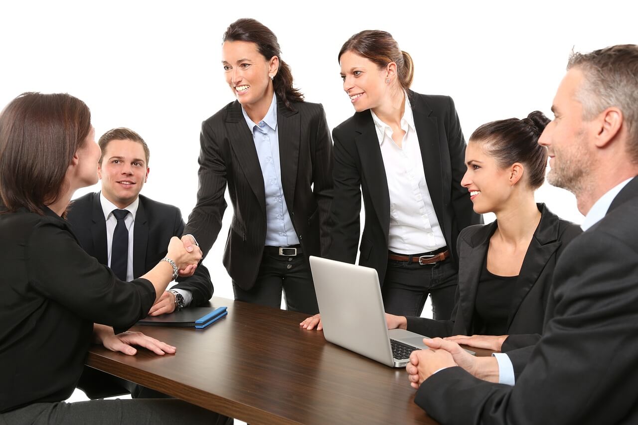 Group of six professionals, two women shaking hands, delivering an elevator pitch.