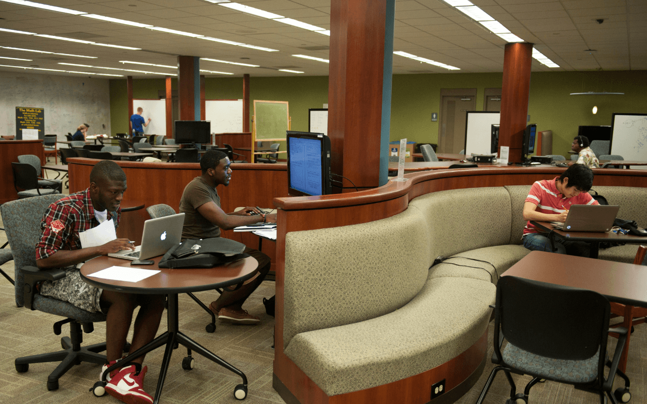 UMBC students perfecting their time management, working in the library.
