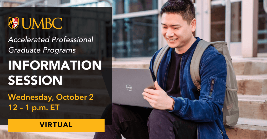 A student with a laptop sitting on stairs outdoors. UMBC Accelerated Info Session. Wednesday, October 2.