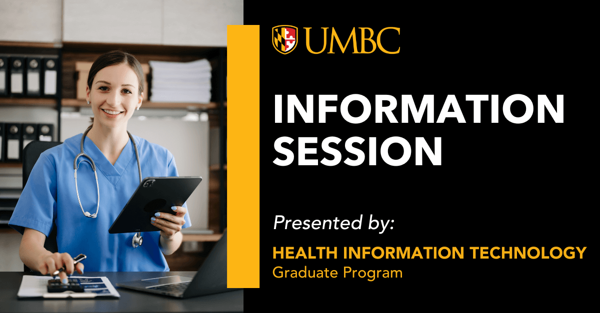 A nurse working in an office. UMBC Information Session presented by Health Information Technology graduate program.