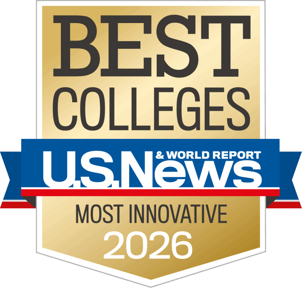 Gold badge noting UMBC as one of the U.S. News & World Reports Best Colleges in the Most Innovative category.