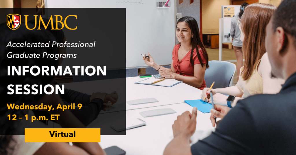 Student sitting at a table, looking up and smiling while taking notes. UMBC Professional Graduate Programs Accelerated Information Session. April 6, 12 to 1 p.m., virtual.