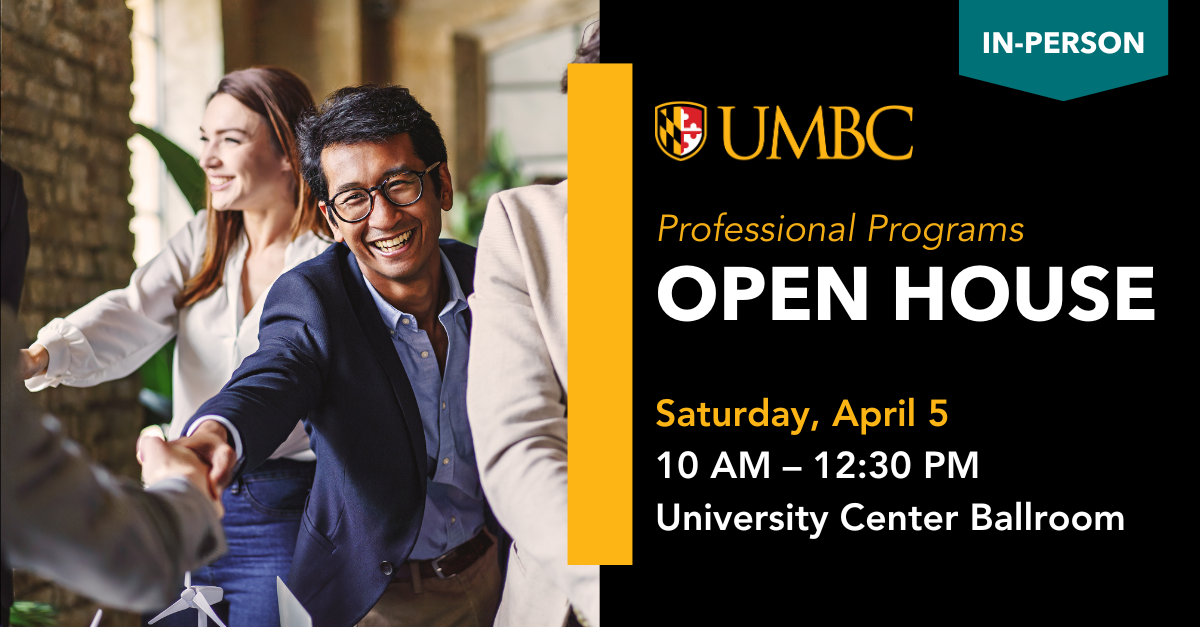 Two prospective students happily shaking hands of people out-of-frame. UMBC Professional Programs Open House. In-Person. Saturday April 5, 10 A.M. to 12:30 P.M. University Center Ballroom.