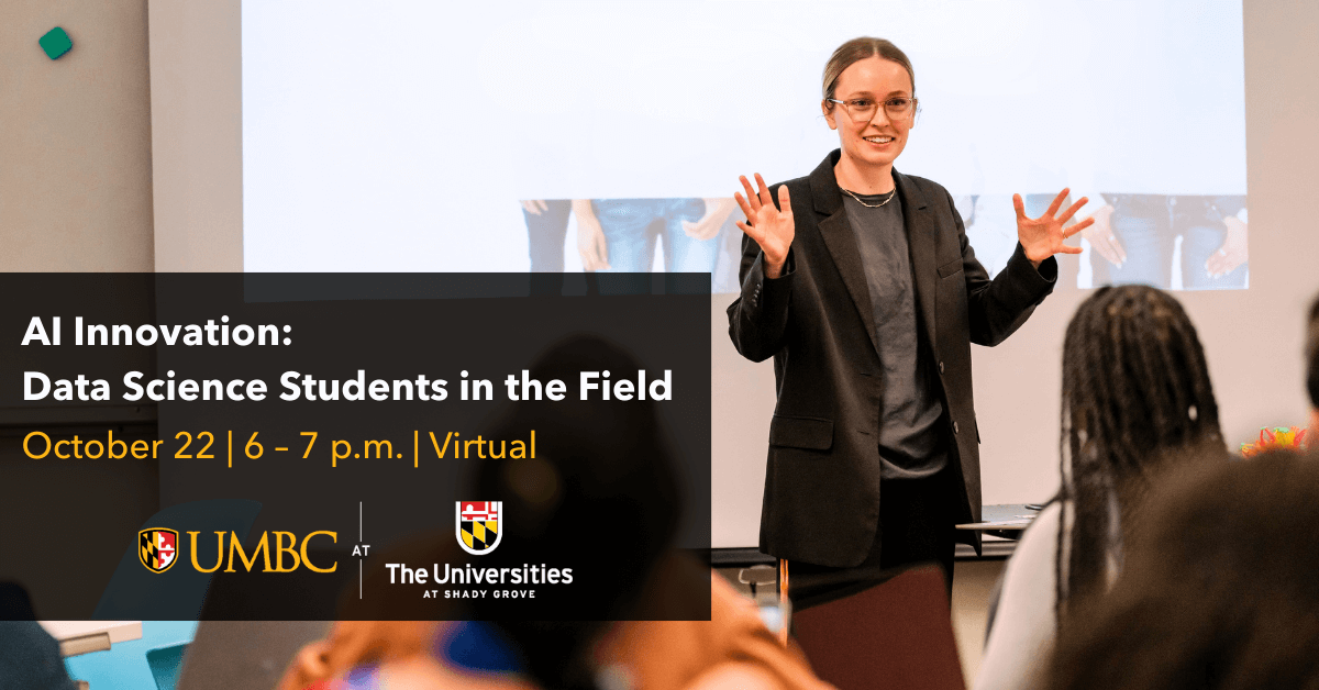 Professor speaking in front of a classroom next to text that reads "AI Innovation: Data Science Students in the Field. October 22, 6 to 7 p.m. Virtual"