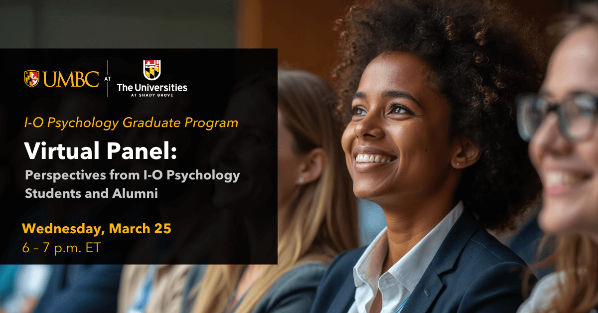 Students sitting in a row, smiling attentively next to text that reads Perspectives from I-O Psychology Students and Alumni Virtual Panel. March 25, 2026.