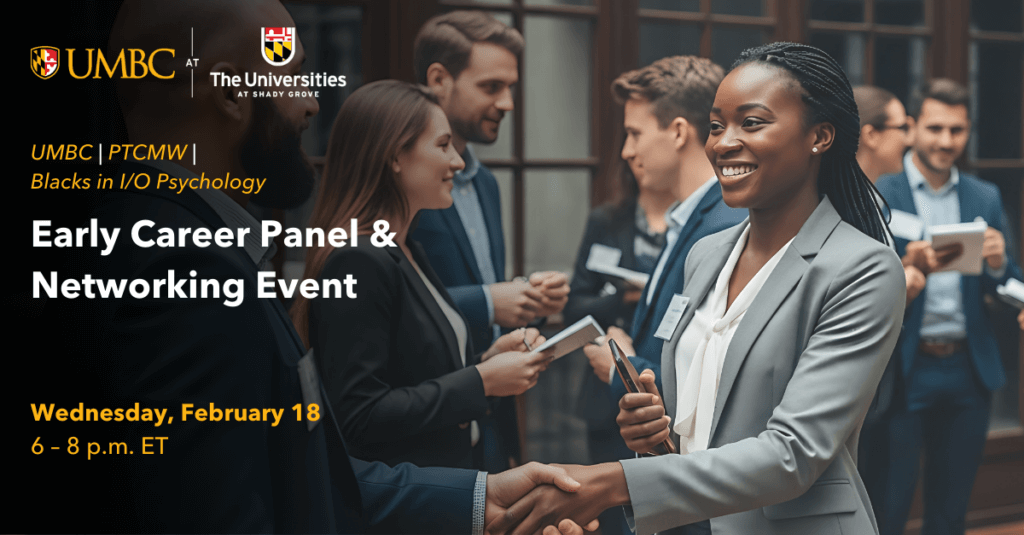 People shaking hands and talking at a networking event next to text that reads Blacks in I/O Psychology Early Career Panel and Networking Event.