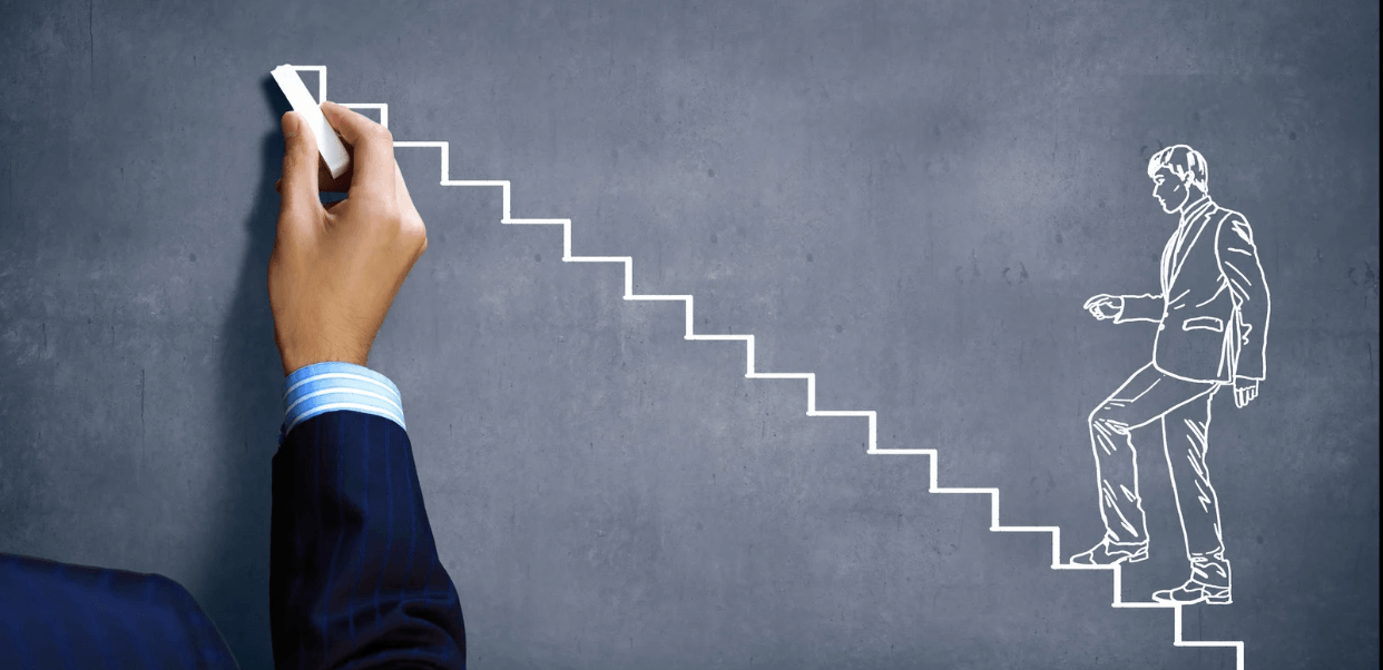 Chalkboard illustration of career resilience in uncertain times, showing a person climbing stairs from uncertainty to opportunity.