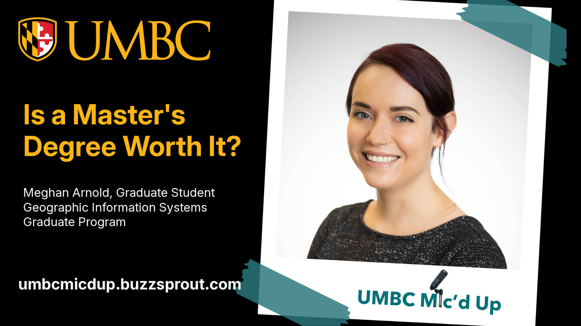 UMBC Mic’d Up podcast graphic featuring graduate student Meghan Arnold with the headline “Is a Master’s Degree Worth It?” and her Geographic Information Systems Graduate Program affiliation.
