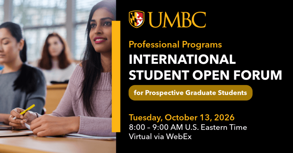 Students in a classroom listening attentively next to text that reads Professional Programs International Student Open Forum for Prospective Graduate Students. Tuesday, October 13. 8 to 9 A.M. Eastern.